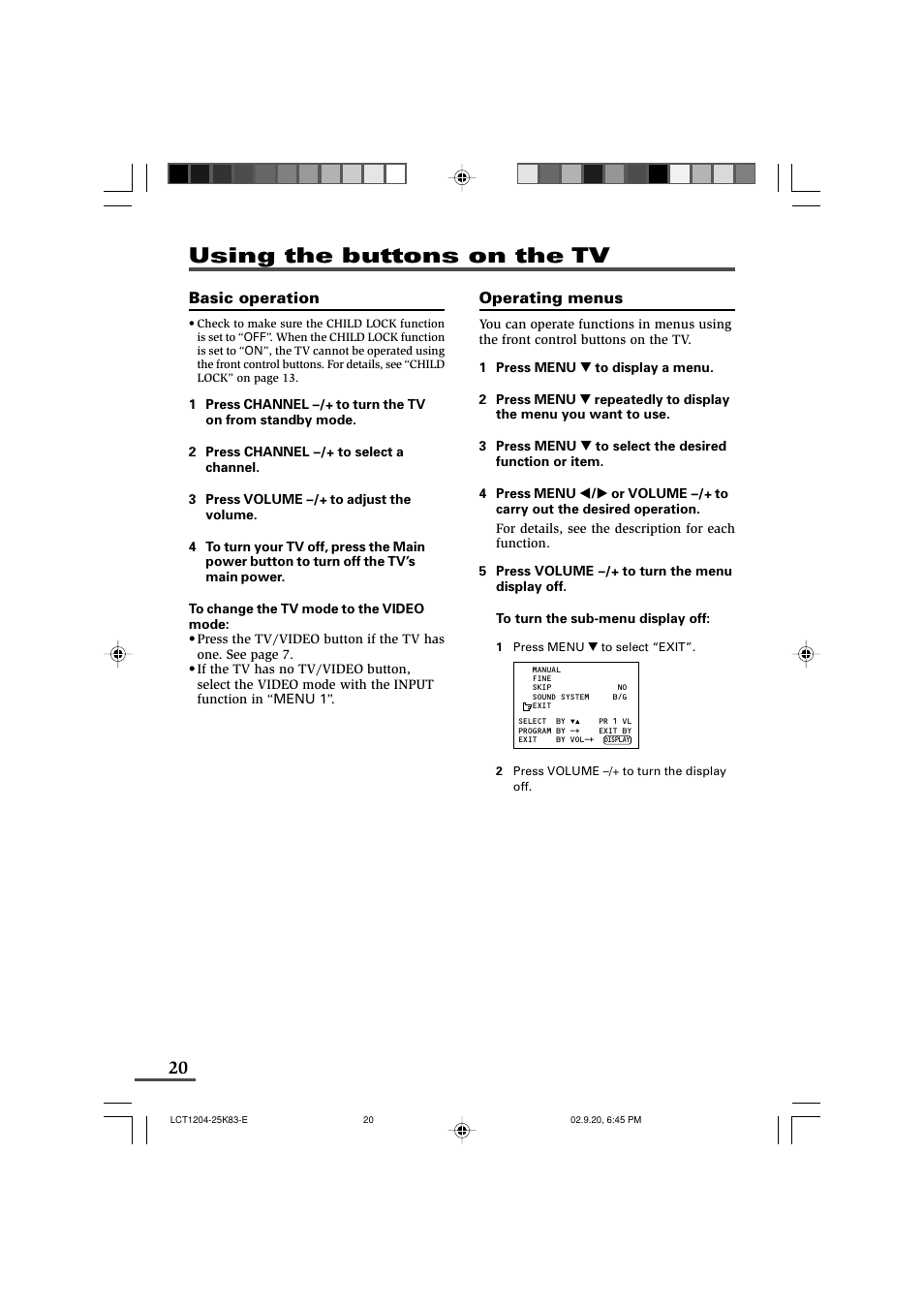 Using the buttons on the tv | JVC AV-20N83 User Manual | Page 20 / 22