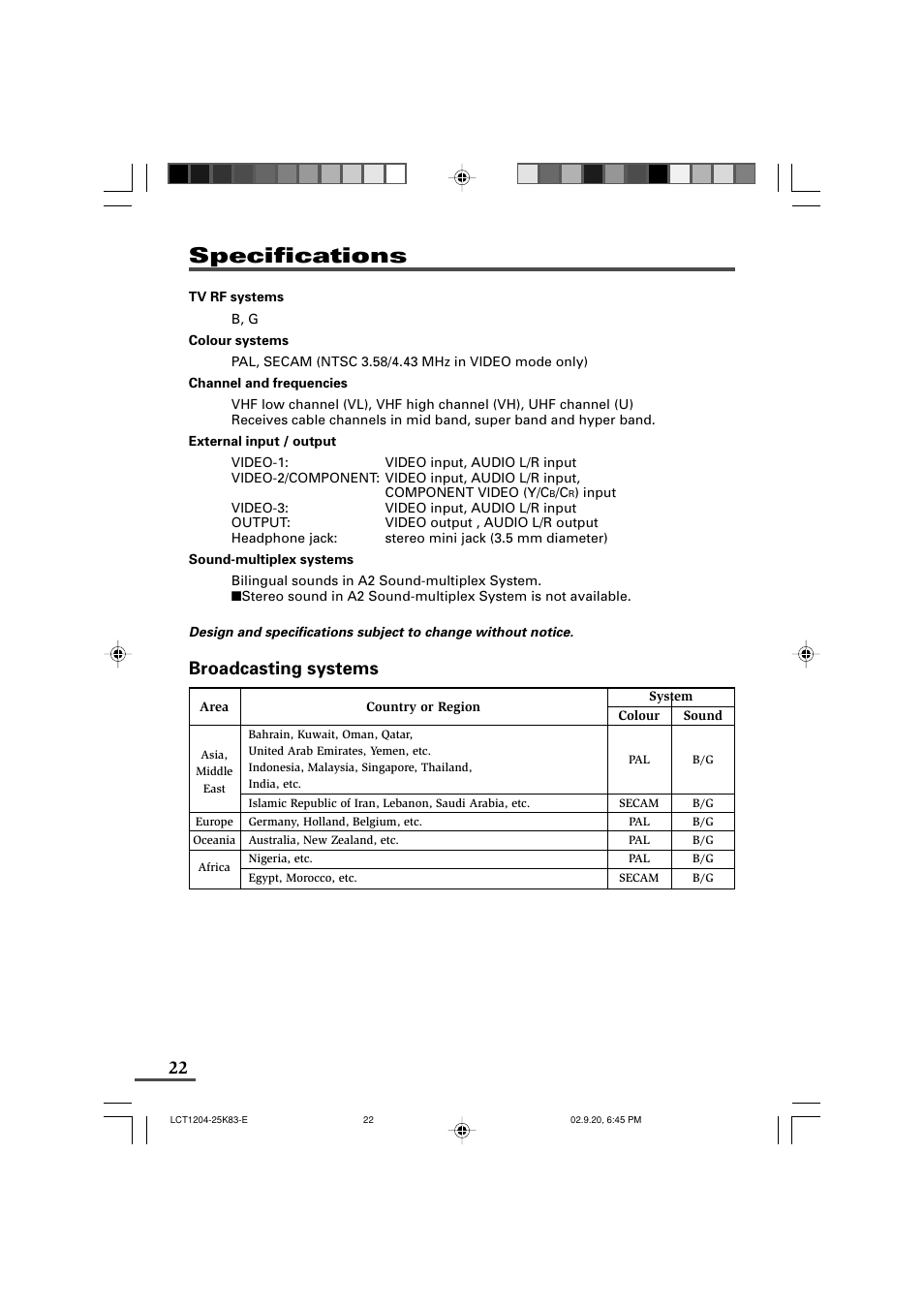 Specifications, Broadcasting systems | JVC AV-20N83 User Manual | Page 22 / 22