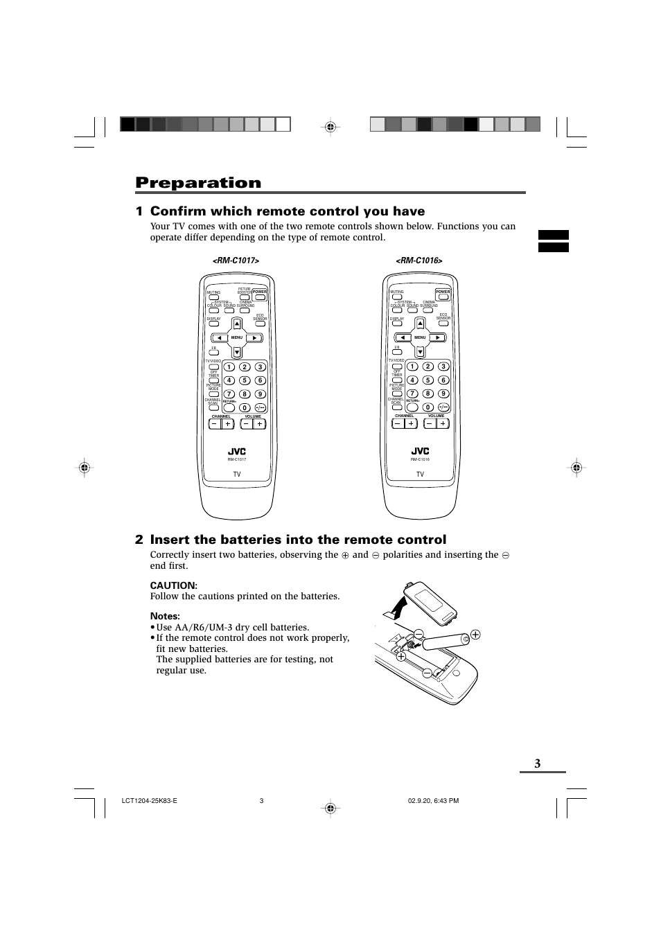 Preparation, 1 confirm which remote control you have, 2 insert the batteries into the remote control | JVC AV-20N83 User Manual | Page 3 / 22