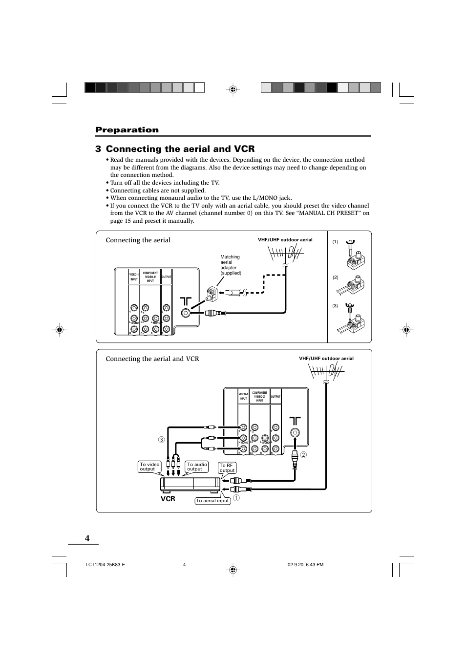 3 connecting the aerial and vcr, Preparation | JVC AV-20N83 User Manual | Page 4 / 22