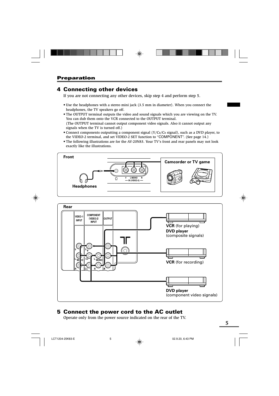 4 connecting other devices, 5 connect the power cord to the ac outlet, Preparation | JVC AV-20N83 User Manual | Page 5 / 22