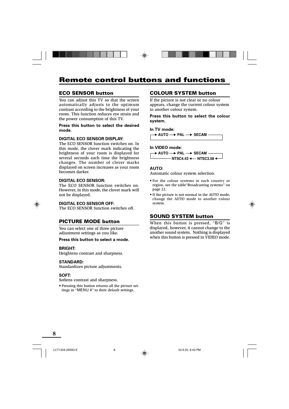 Remote control buttons and functions | JVC AV-20N83 User Manual | Page 8 / 22