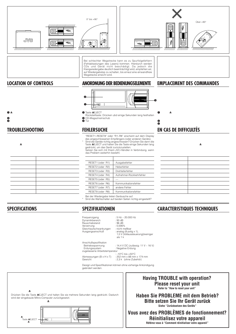 Fehlersuche, Specifications, Spezifikationen caracteristiques techniques | En cas de difficultés | JVC CH-X350/X300 User Manual | Page 3 / 6