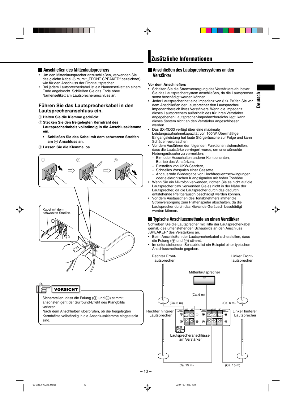 Zusätzliche informationen, Anschließen des mittenlautsprechers, Typische anschlussmethode an einen verstärker | Deutsch | JVC LVT0953-001B User Manual | Page 13 / 57