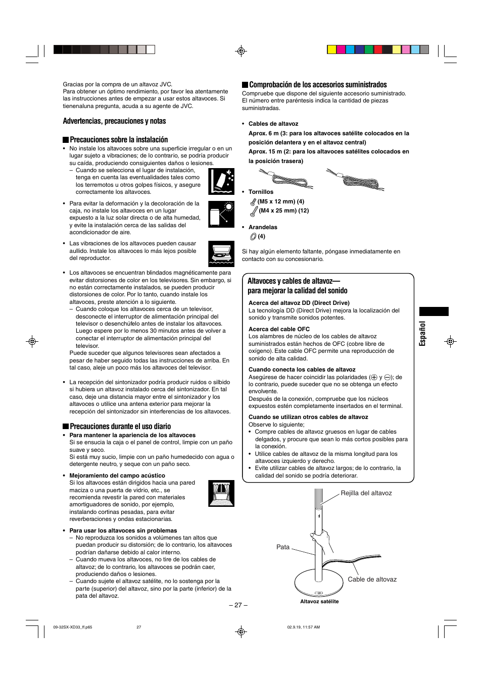 Comprobación de los accesorios suministrados, Precauciones durante el uso diario, Espa ñ ol | JVC LVT0953-001B User Manual | Page 27 / 57