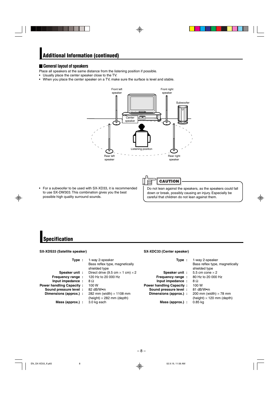 Specification additional information (continued), General layout of speakers | JVC LVT0953-001B User Manual | Page 8 / 57