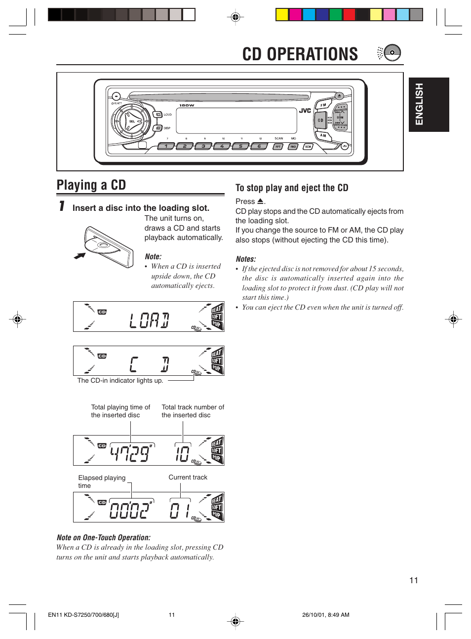 Cd operations, Playing a cd 1 | JVC KD-S7250 User Manual | Page 11 / 27