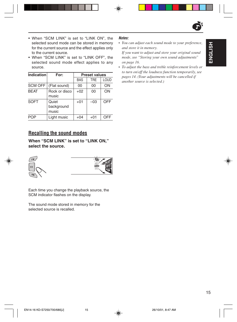 Recalling the sound modes, English | JVC KD-S7250 User Manual | Page 15 / 27