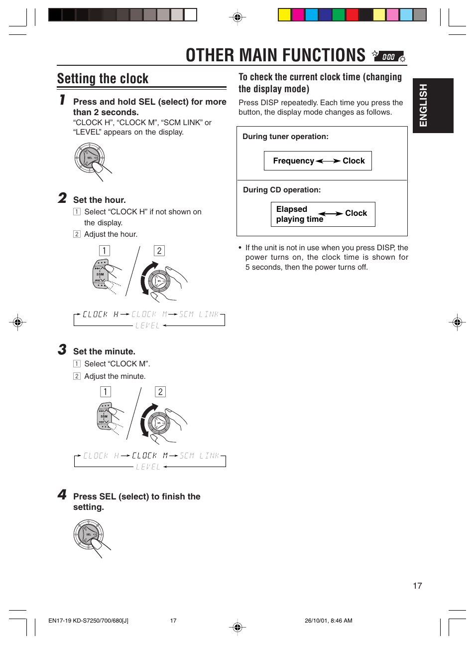 Other main functions, Setting the clock 1 | JVC KD-S7250 User Manual | Page 17 / 27
