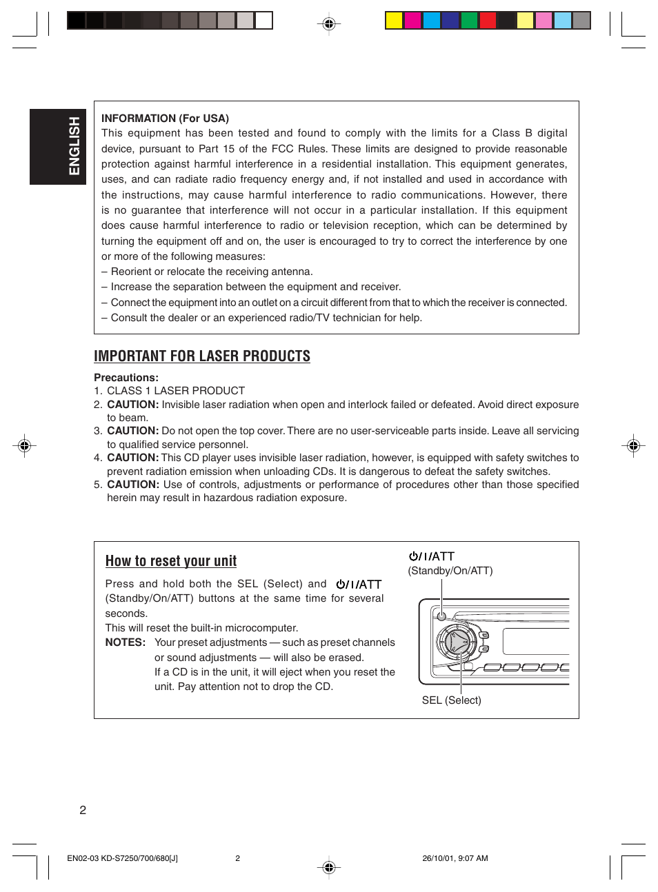 How to reset your unit, Important for laser products, English | JVC KD-S7250 User Manual | Page 2 / 27