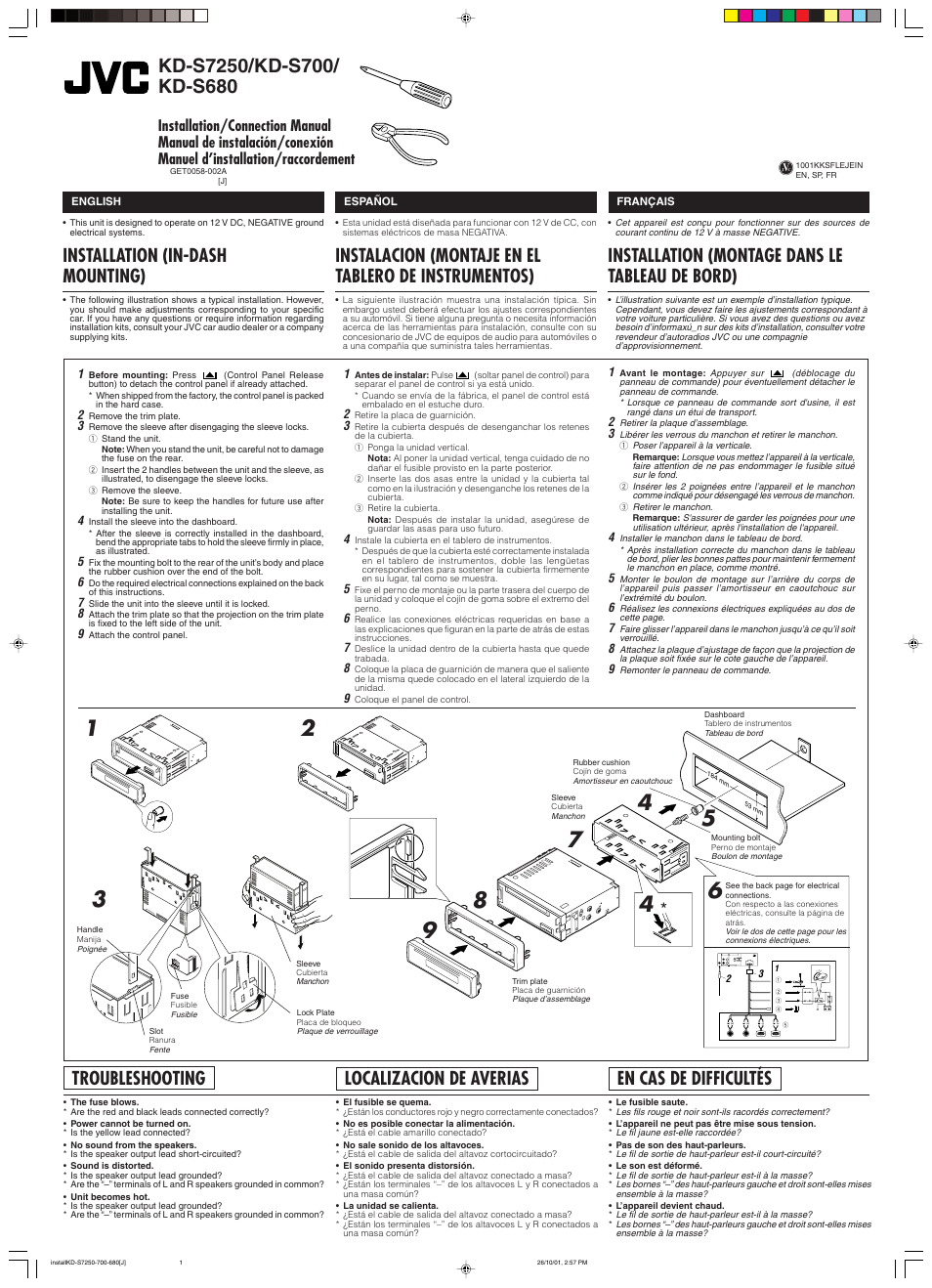 Installation, Installation (montage dans le tableau de bord), Installation (in-dash mounting) | Localizacion de averias, En cas de difficultés, Troubleshooting | JVC KD-S7250 User Manual | Page 24 / 27