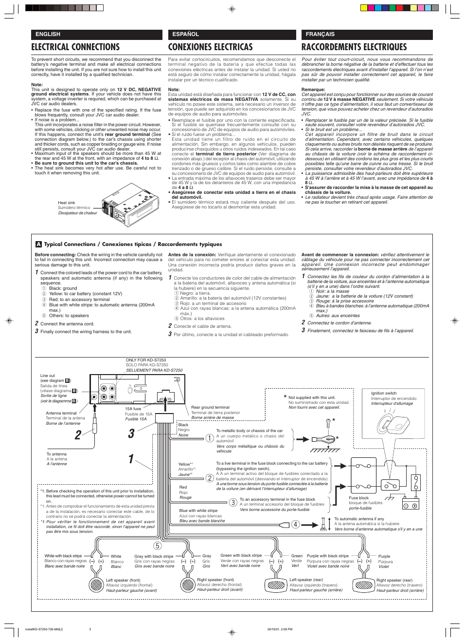 Electrical connections, Raccordements electriques, Conexiones electricas | JVC KD-S7250 User Manual | Page 26 / 27