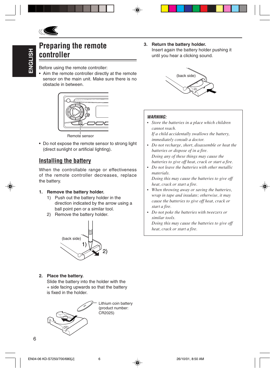 Preparing the remote controller, Installing the battery, English | JVC KD-S7250 User Manual | Page 6 / 27