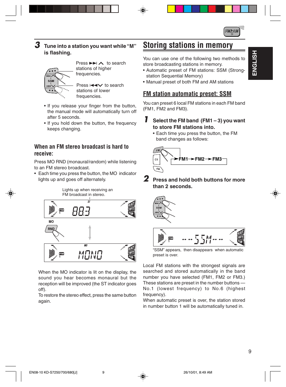 Fm station automatic preset: ssm | JVC KD-S7250 User Manual | Page 9 / 27