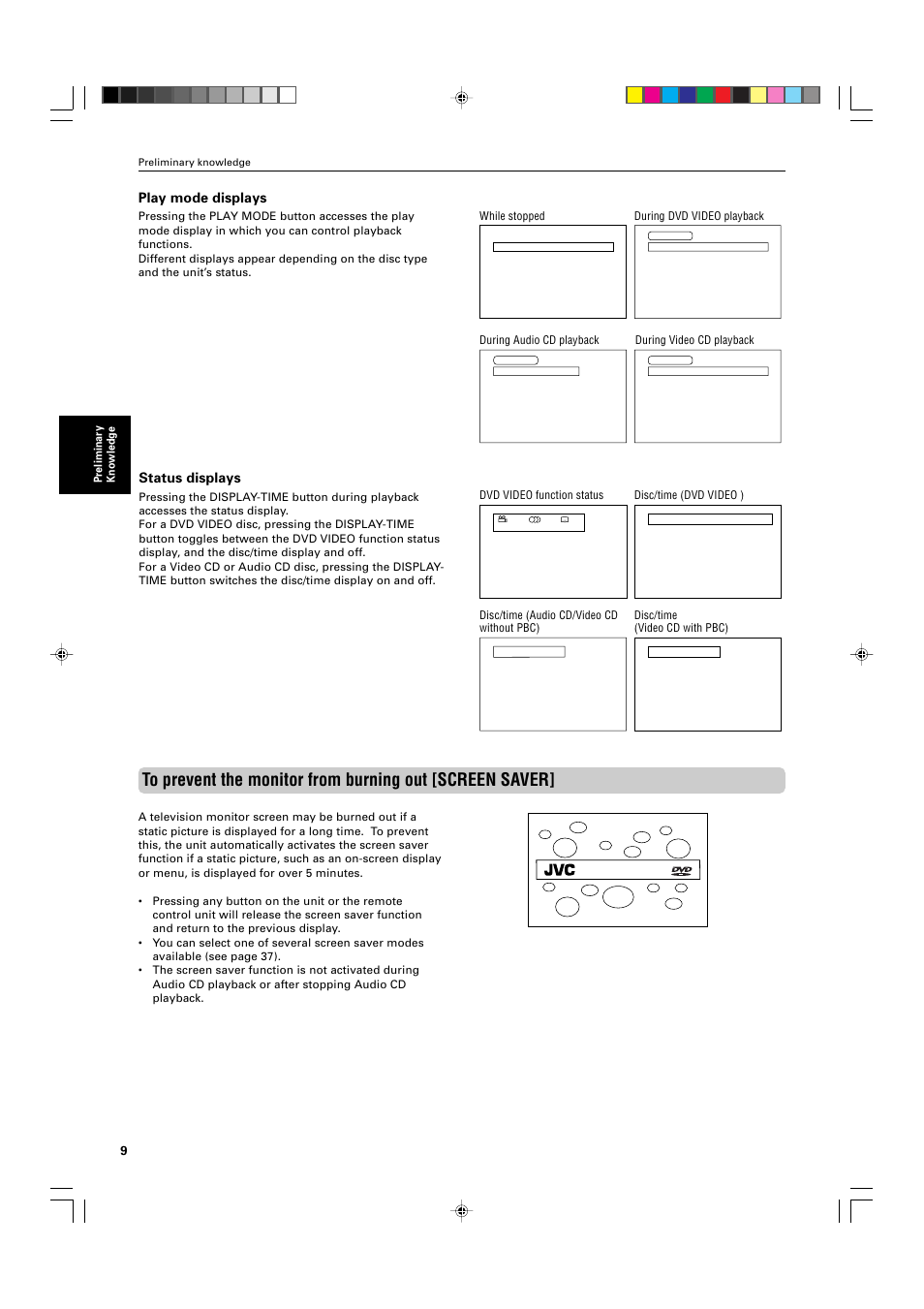 Play mode displays, Status displays | JVC XV-525BK User Manual | Page 12 / 52