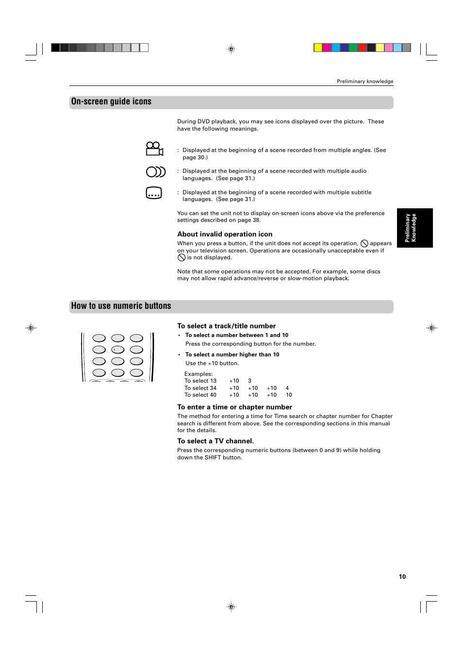 On-screen guide icons, How to use numeric buttons, About invalid operation icon | JVC XV-525BK User Manual | Page 13 / 52