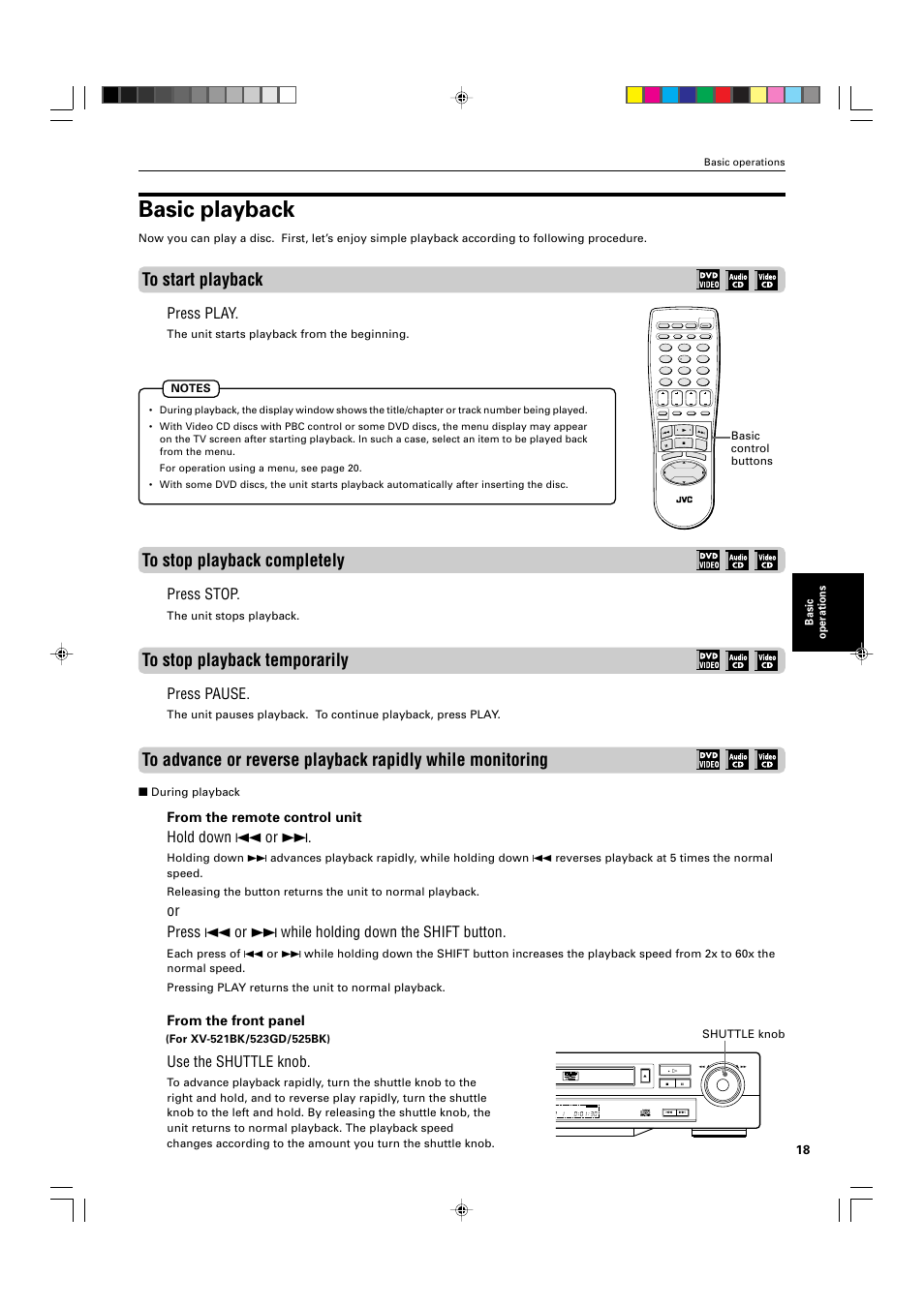 Basic playback, Press play, Press stop | Press pause, Hold down 4 or, Use the shuttle knob, The unit stops playback, During playback, Shuttle knob, Basic operations | JVC XV-525BK User Manual | Page 21 / 52