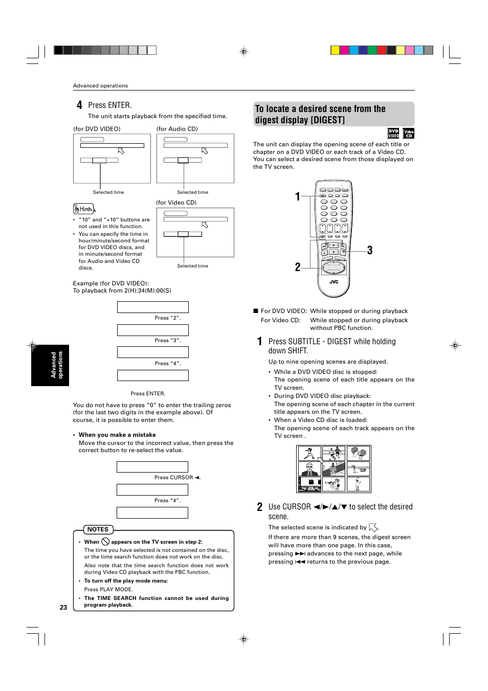 Press enter, Press subtitle - digest while holding down shift, Use cursor 2/3/5/∞ to select the desired scene | Advanced operations, The unit starts playback from the specified time, For dvd video) (for audio cd) (for video cd) | JVC XV-525BK User Manual | Page 26 / 52