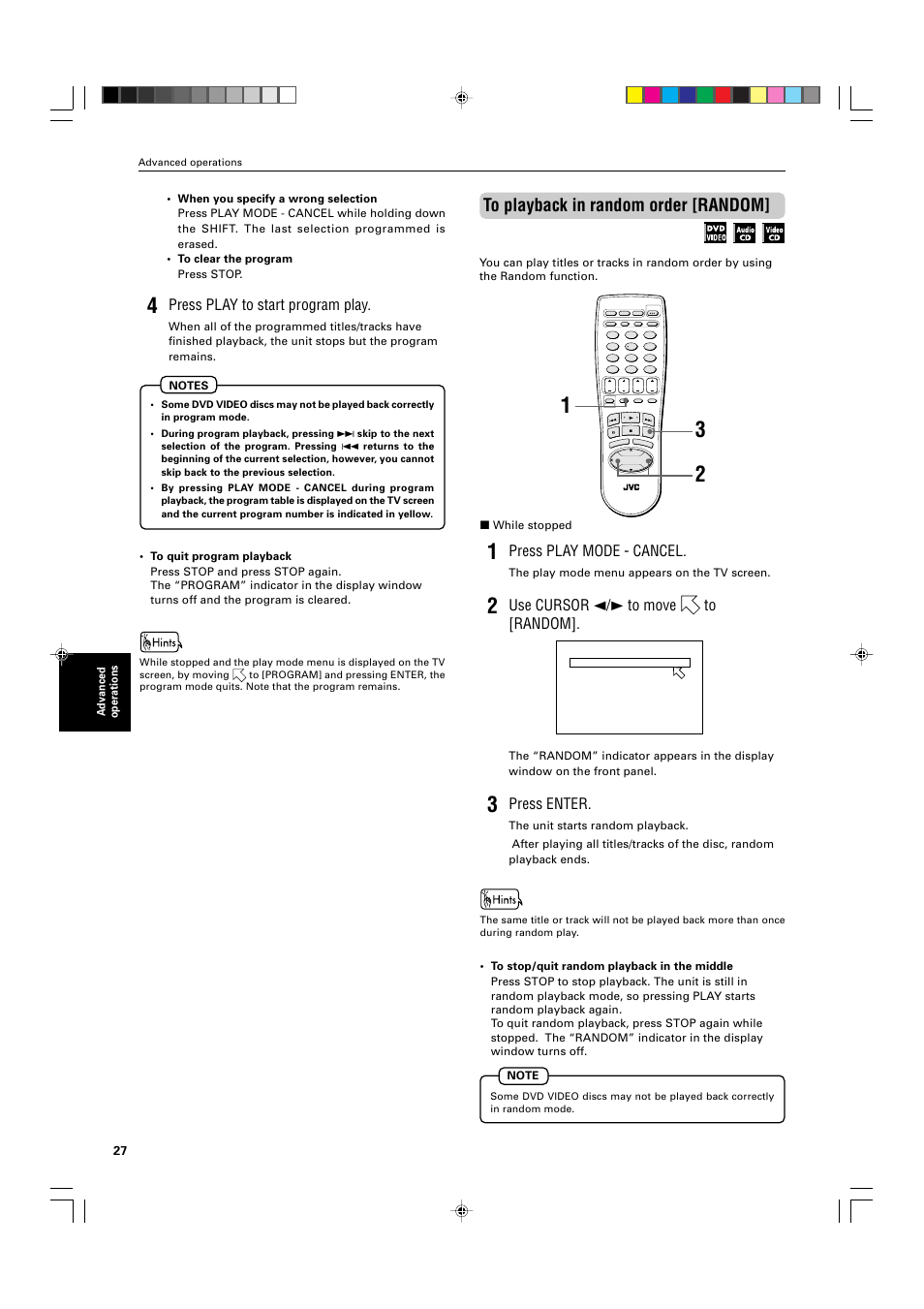 Press play mode - cancel, Use cursor 2/3 to move to [random, Press enter | Press play to start program play, Advanced operations, While stopped, The play mode menu appears on the tv screen | JVC XV-525BK User Manual | Page 30 / 52