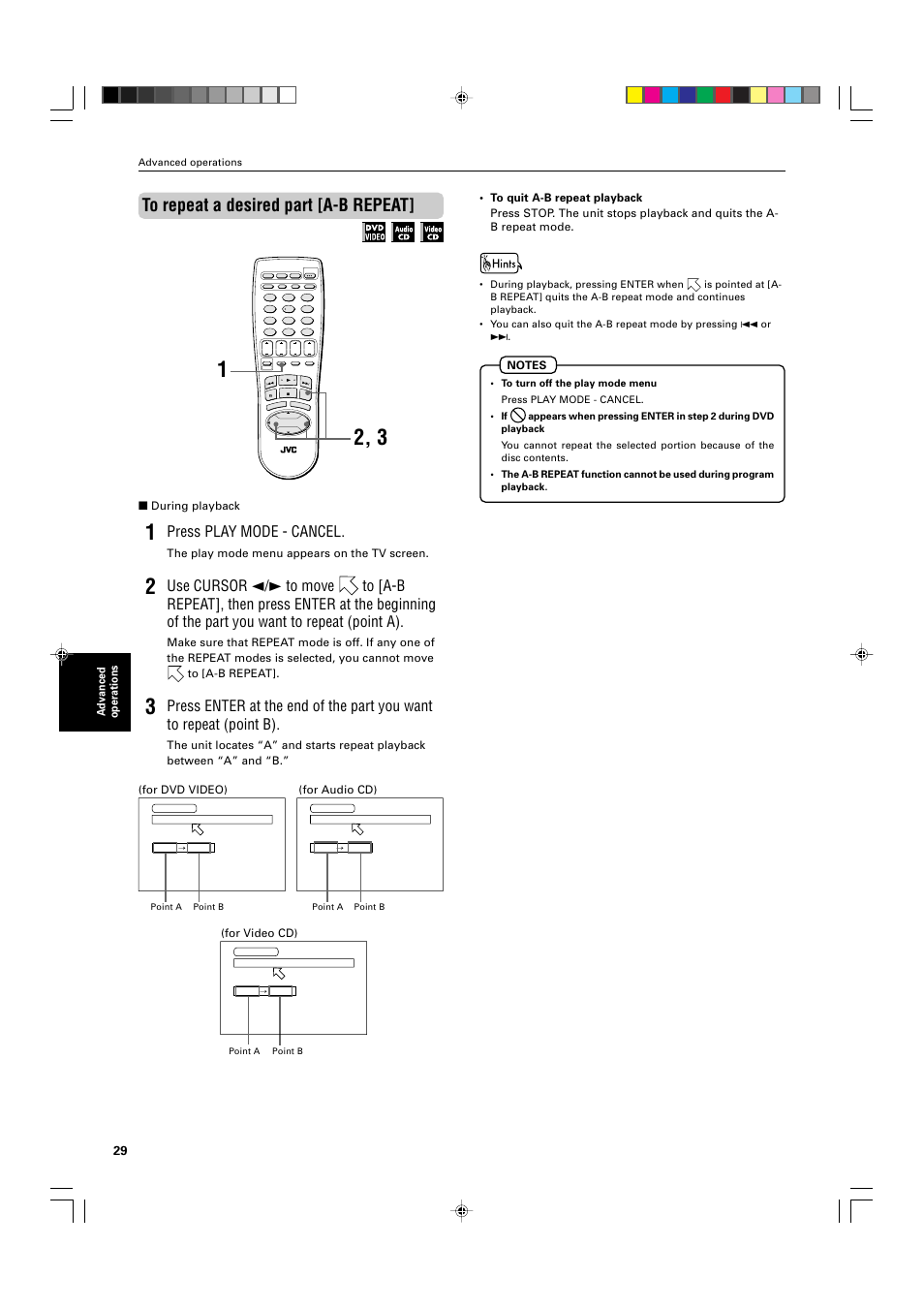 Press play mode - cancel, Advanced operations, During playback | The play mode menu appears on the tv screen, For dvd video), For audio cd), For video cd) | JVC XV-525BK User Manual | Page 32 / 52