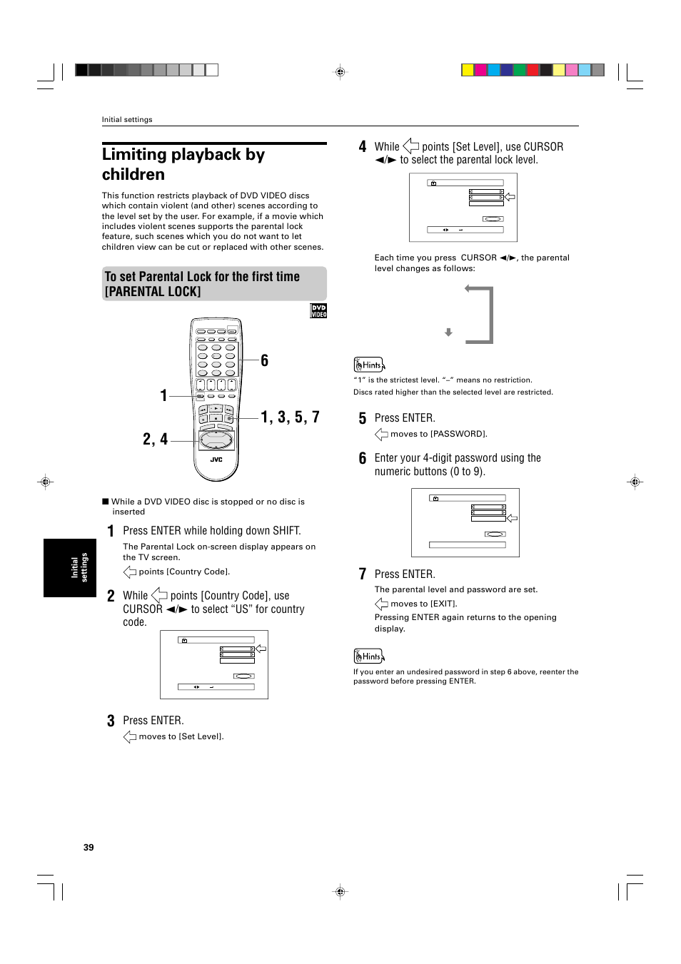 Limiting playback by children, Press enter while holding down shift, Press enter | Initial settings, Moves to [set level]. 1, Moves to [password | JVC XV-525BK User Manual | Page 42 / 52