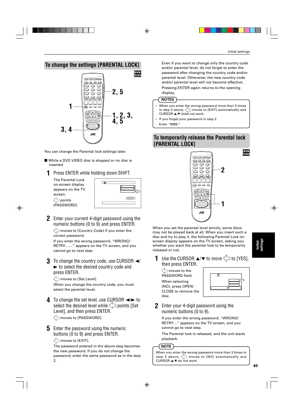 Press enter while holding down shift, Initial settings, You can change the parental lock settings later | Moves to [password | JVC XV-525BK User Manual | Page 43 / 52