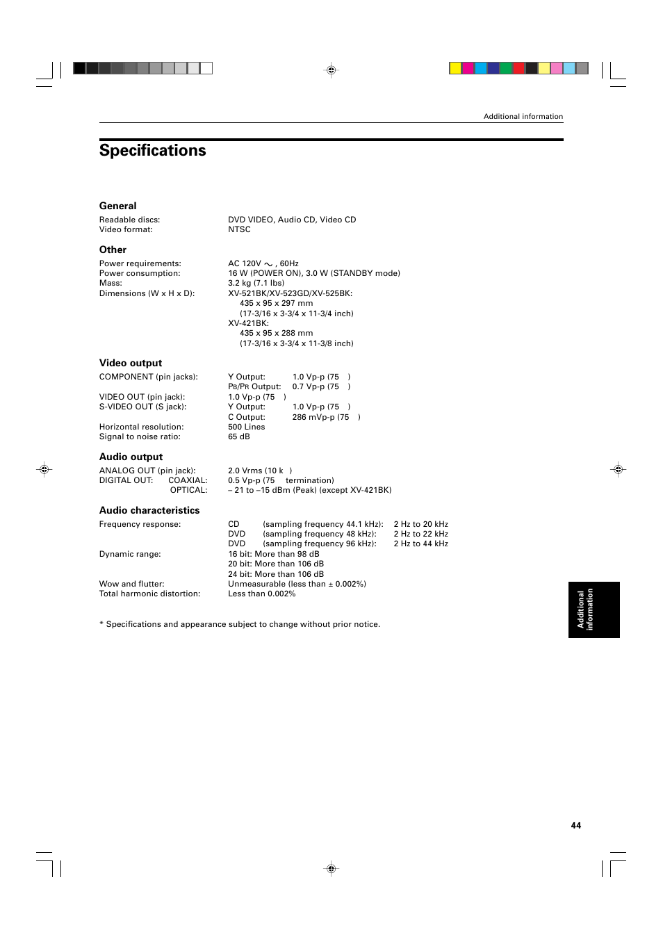 Specifications | JVC XV-525BK User Manual | Page 47 / 52