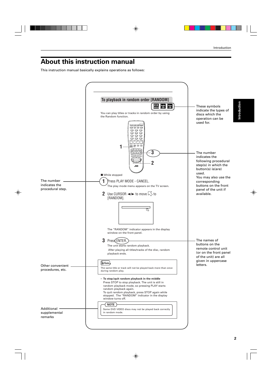 About this instruction manual, Press play mode - cancel, Use cursor 2/3 to move to [random | Press enter, Introduction | JVC XV-525BK User Manual | Page 5 / 52