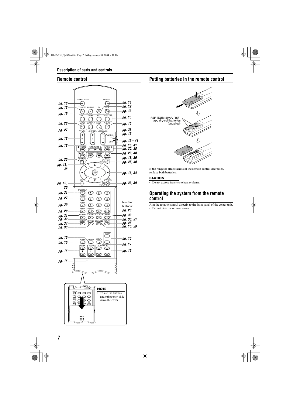 Pg. 7, Operating the system from the remote control, Description of parts and controls | JVC XV-THS5 User Manual | Page 10 / 48