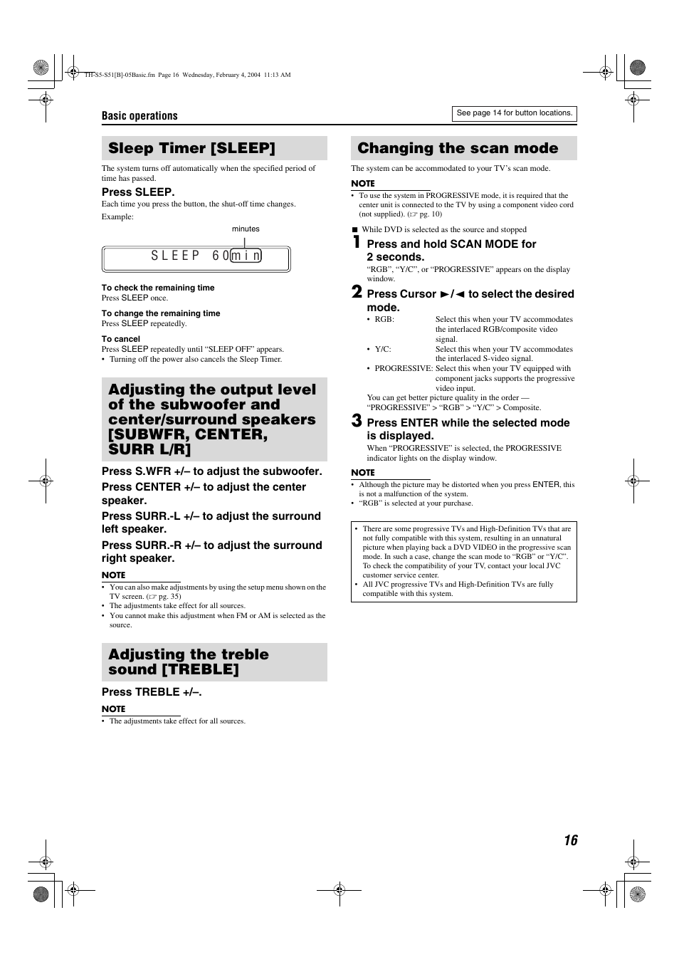 Sleep timer [sleep, Adjusting the treble sound [treble, Changing the scan mode | Pg. 16, A pg. 16) | JVC XV-THS5 User Manual | Page 19 / 48