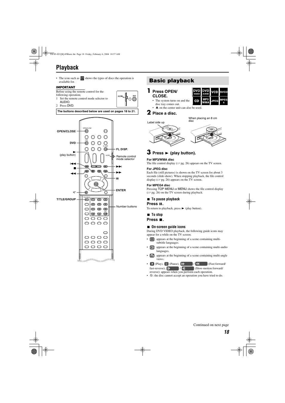 Playback, Basic playback, Playing back a bonus group | Advanced operations, Pg. 18, Display | JVC XV-THS5 User Manual | Page 21 / 48