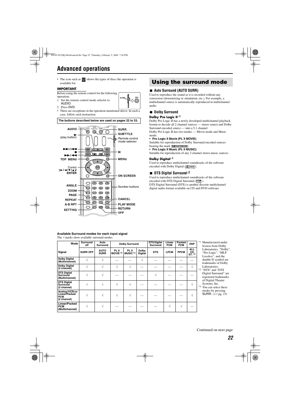 Advanced operations, Using the surround mode, Selecting a view angle | Selecting the subtitle, Selecting the audio, Pg. 22 | JVC XV-THS5 User Manual | Page 25 / 48