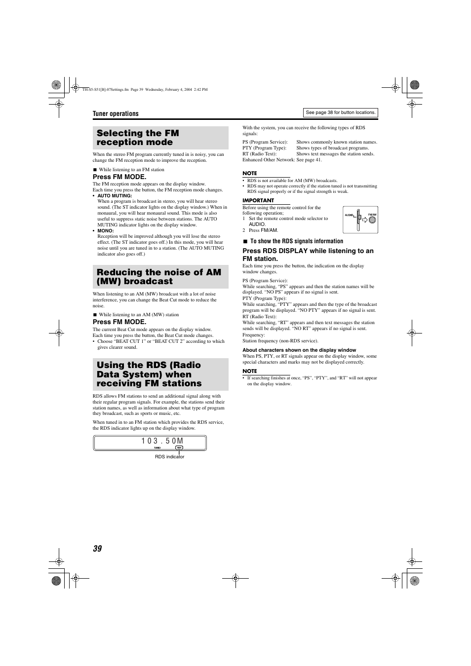 Selecting the fm reception mode, Reducing the noise of am (mw) broadcast, Troubleshooting | Specifications, Pg. 39, Press memory | JVC XV-THS5 User Manual | Page 42 / 48