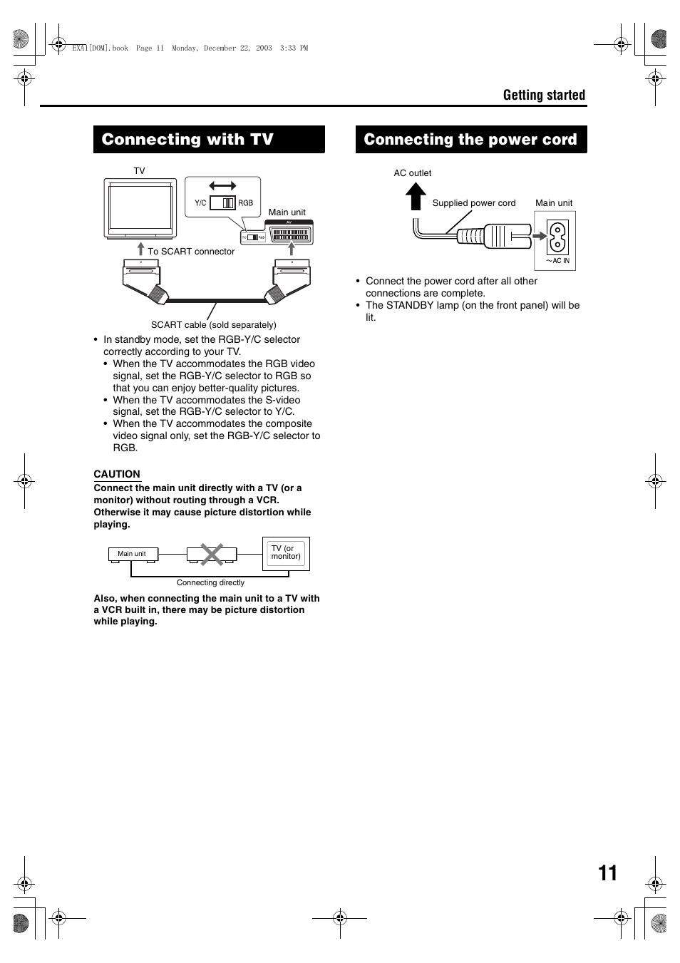 Connecting with tv, Connecting the power cord, Connecting up connection | Getting started | JVC 1203SKMMODJSC User Manual | Page 15 / 47