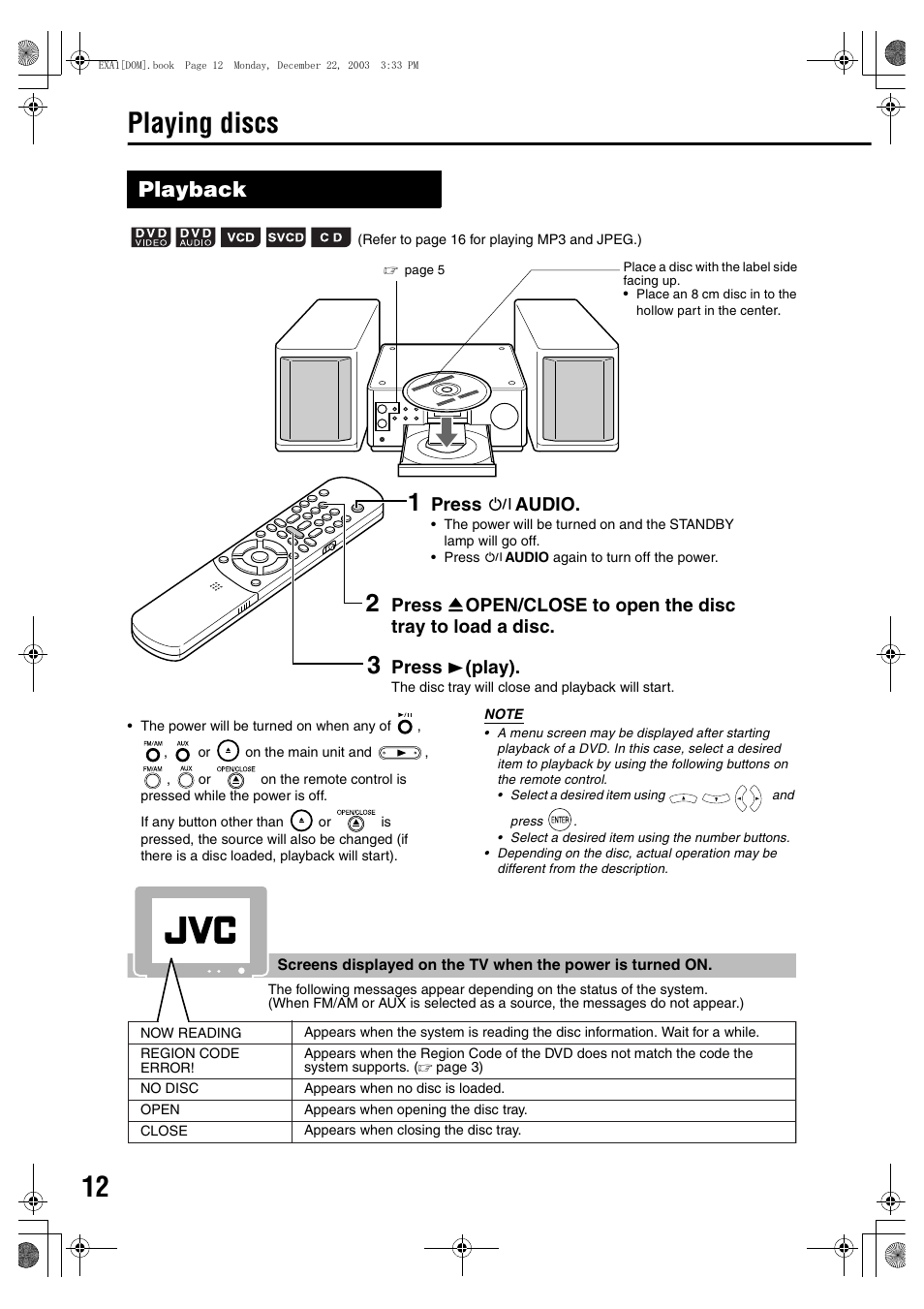 Playing discs, Playback, Press f audio | JVC 1203SKMMODJSC User Manual | Page 16 / 47