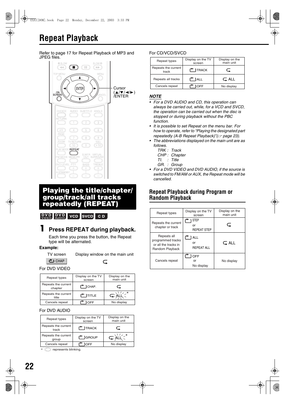 Repeat playback, Press repeat during playback, Repeat playback during program or random playback | JVC 1203SKMMODJSC User Manual | Page 26 / 47