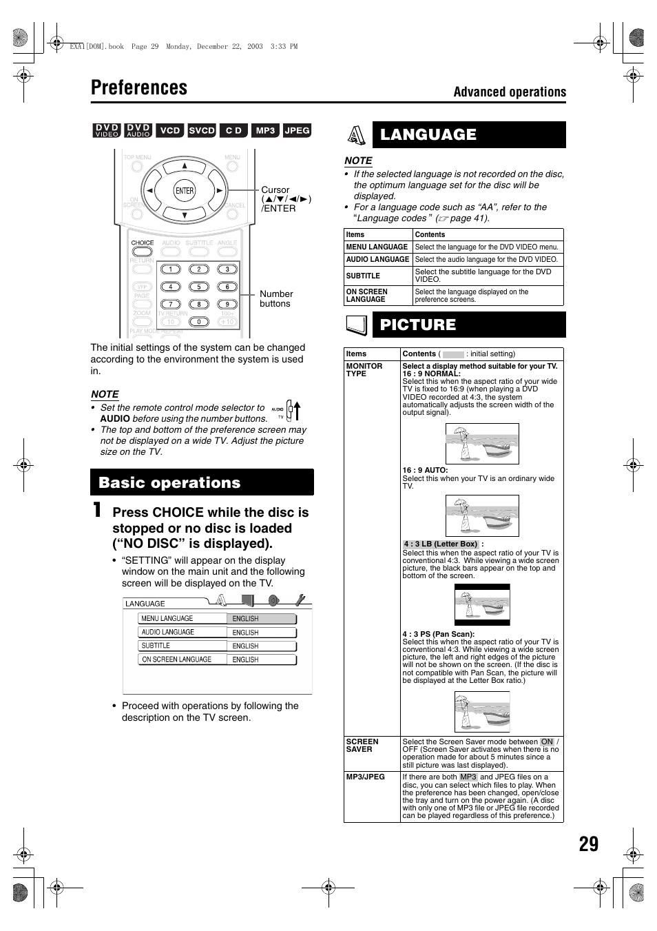 Preferences, Basic operations, Language | Picture, Advanced operations | JVC 1203SKMMODJSC User Manual | Page 33 / 47