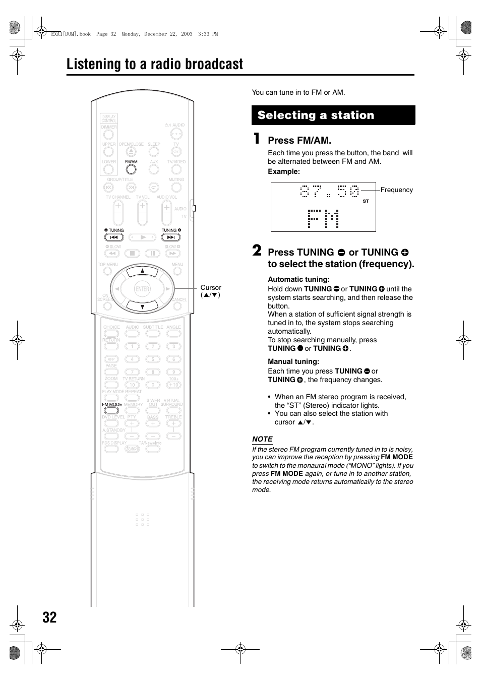 Listening to a radio broadcast, Selecting a station | JVC 1203SKMMODJSC User Manual | Page 36 / 47