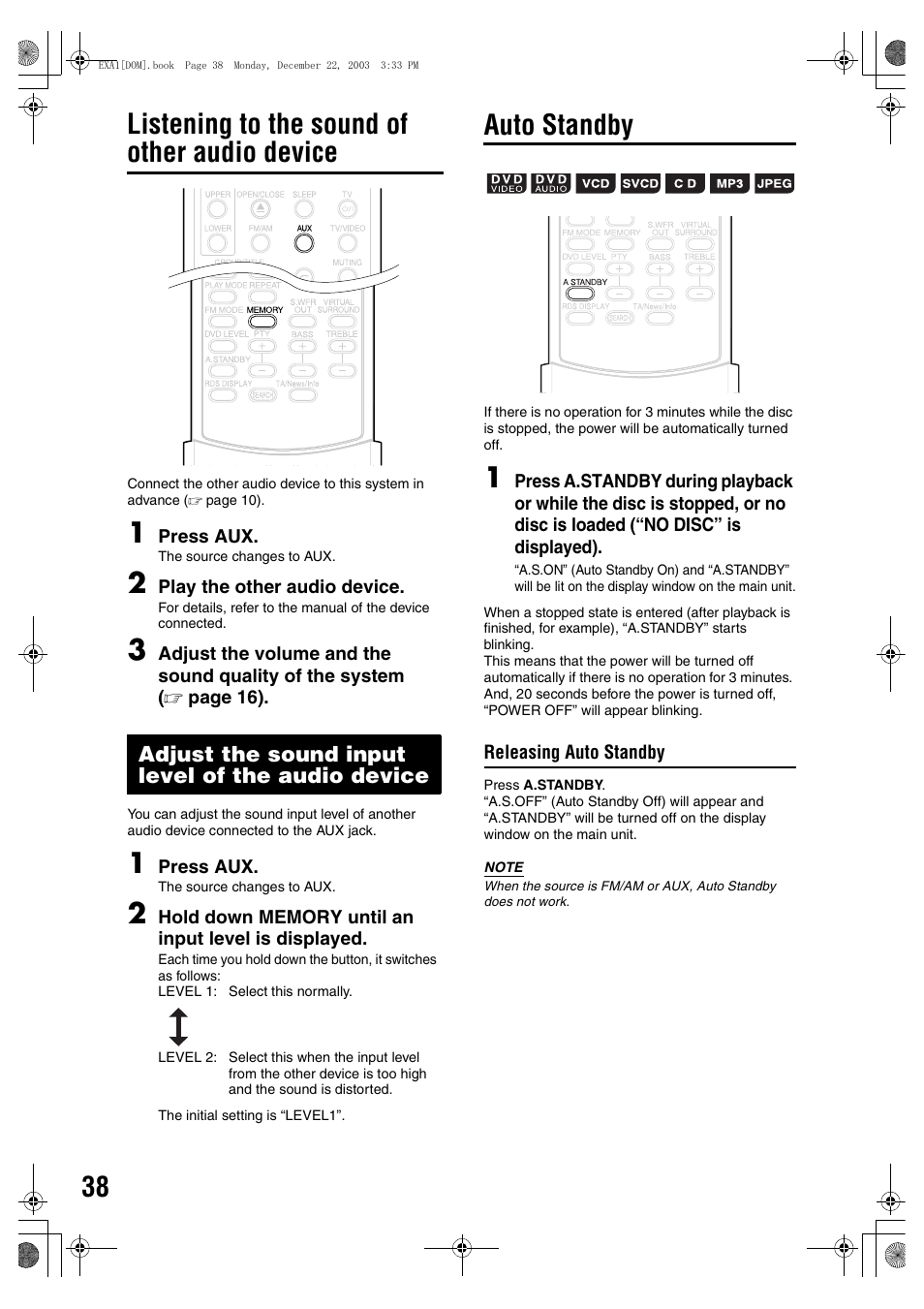 Listening to the sound of other audio device, Auto standby | JVC 1203SKMMODJSC User Manual | Page 42 / 47