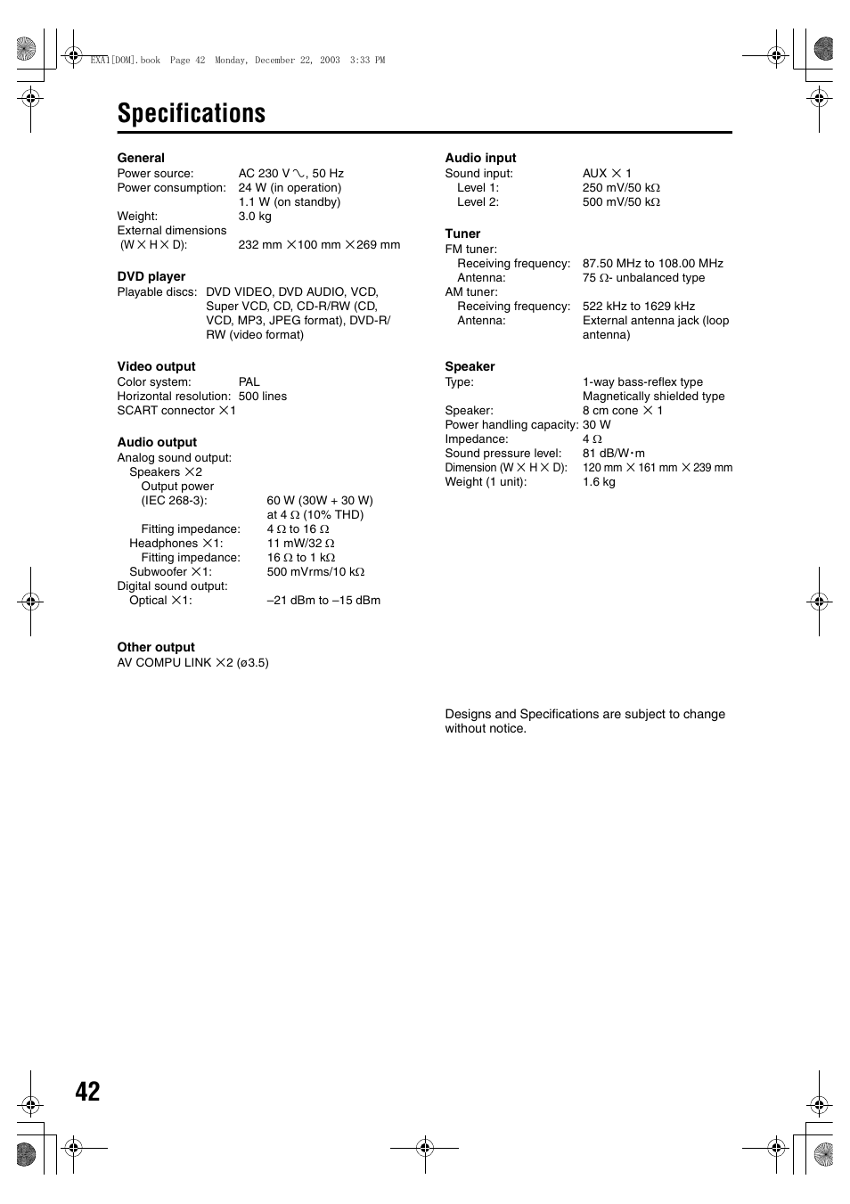 Specifications | JVC 1203SKMMODJSC User Manual | Page 46 / 47