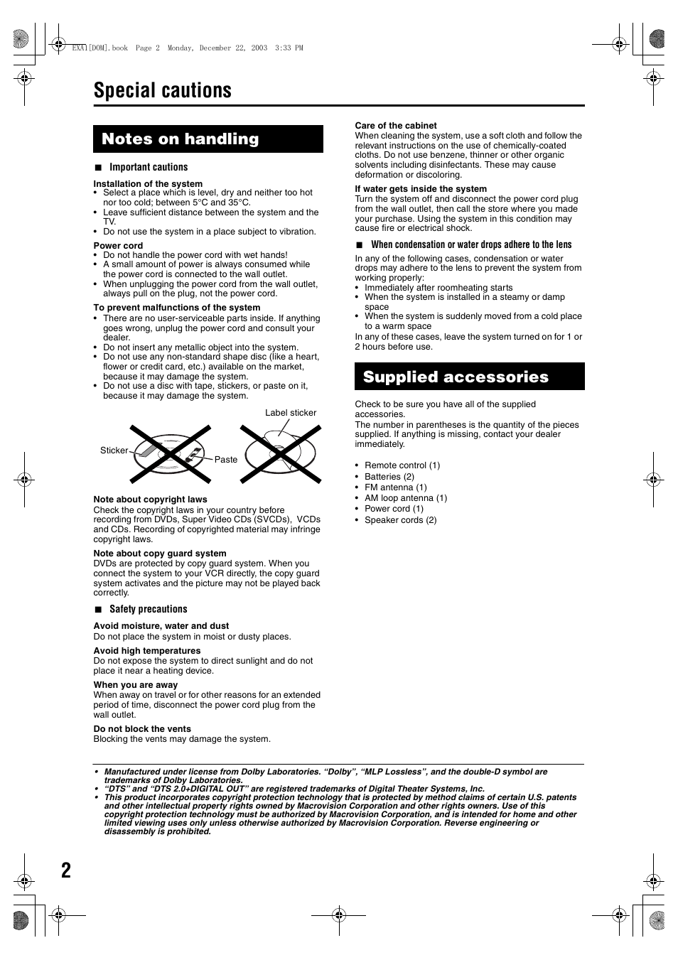 Special cautions, Supplied accessories | JVC 1203SKMMODJSC User Manual | Page 6 / 47