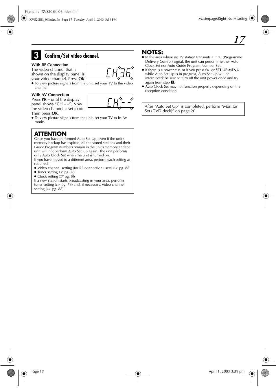 C or, Confirm/set video channel, Attention | JVC HR-XVS20EK User Manual | Page 17 / 100