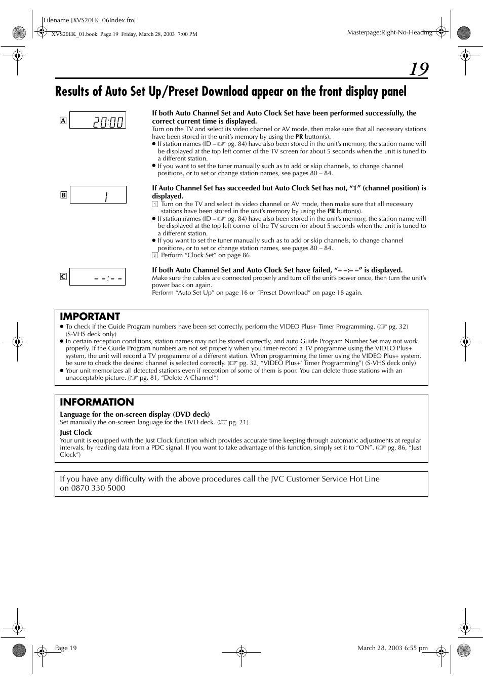 E unit or remote, Important, Information | JVC HR-XVS20EK User Manual | Page 19 / 100