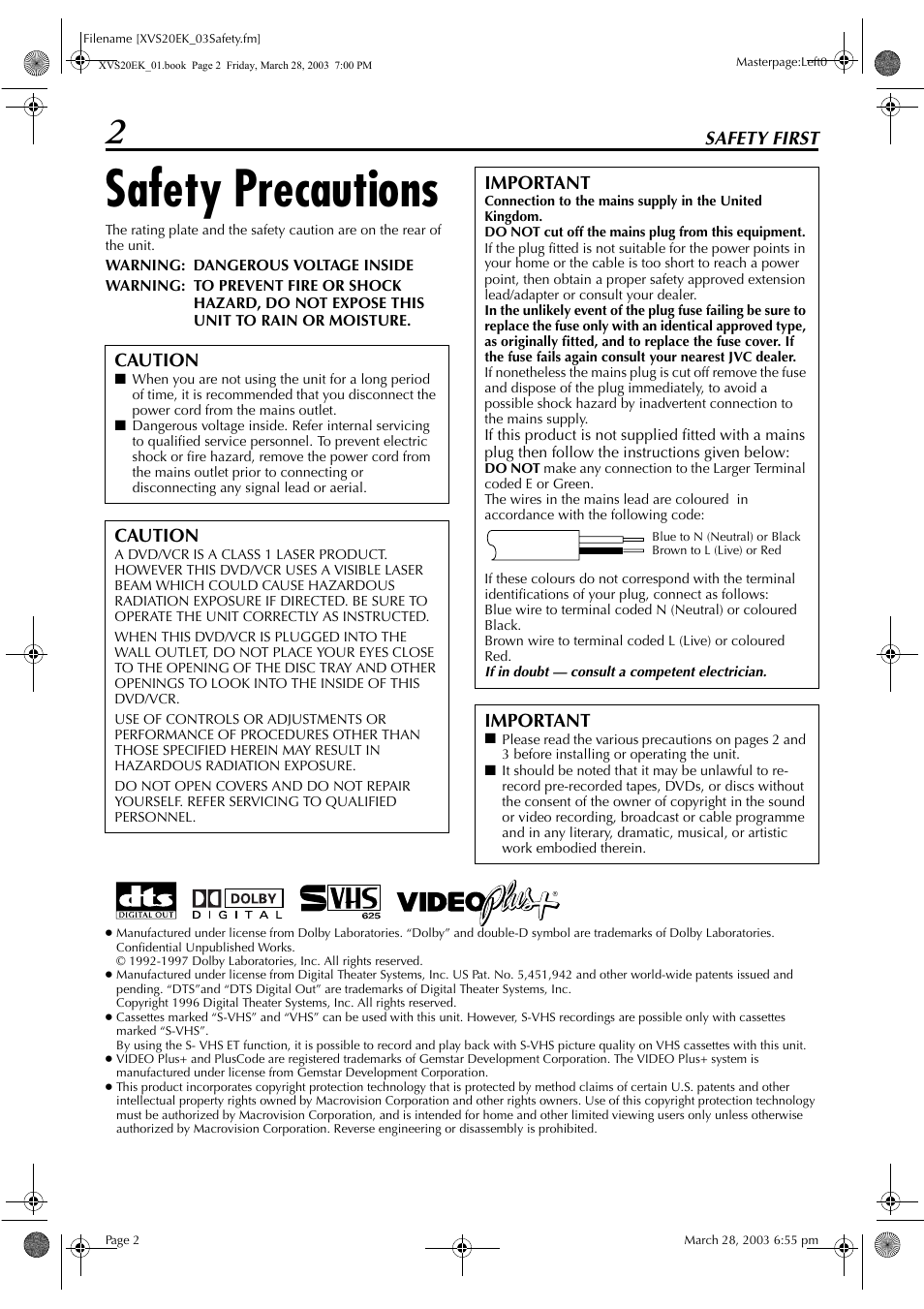 Safety first, Safety precautions | JVC HR-XVS20EK User Manual | Page 2 / 100