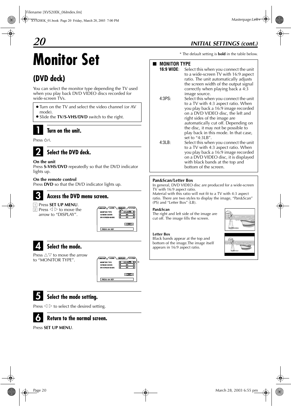 Monitor set (dvd deck), Pg. 20, Orm “monitor set (dvd deck) | Monitor set, Dvd deck) | JVC HR-XVS20EK User Manual | Page 20 / 100