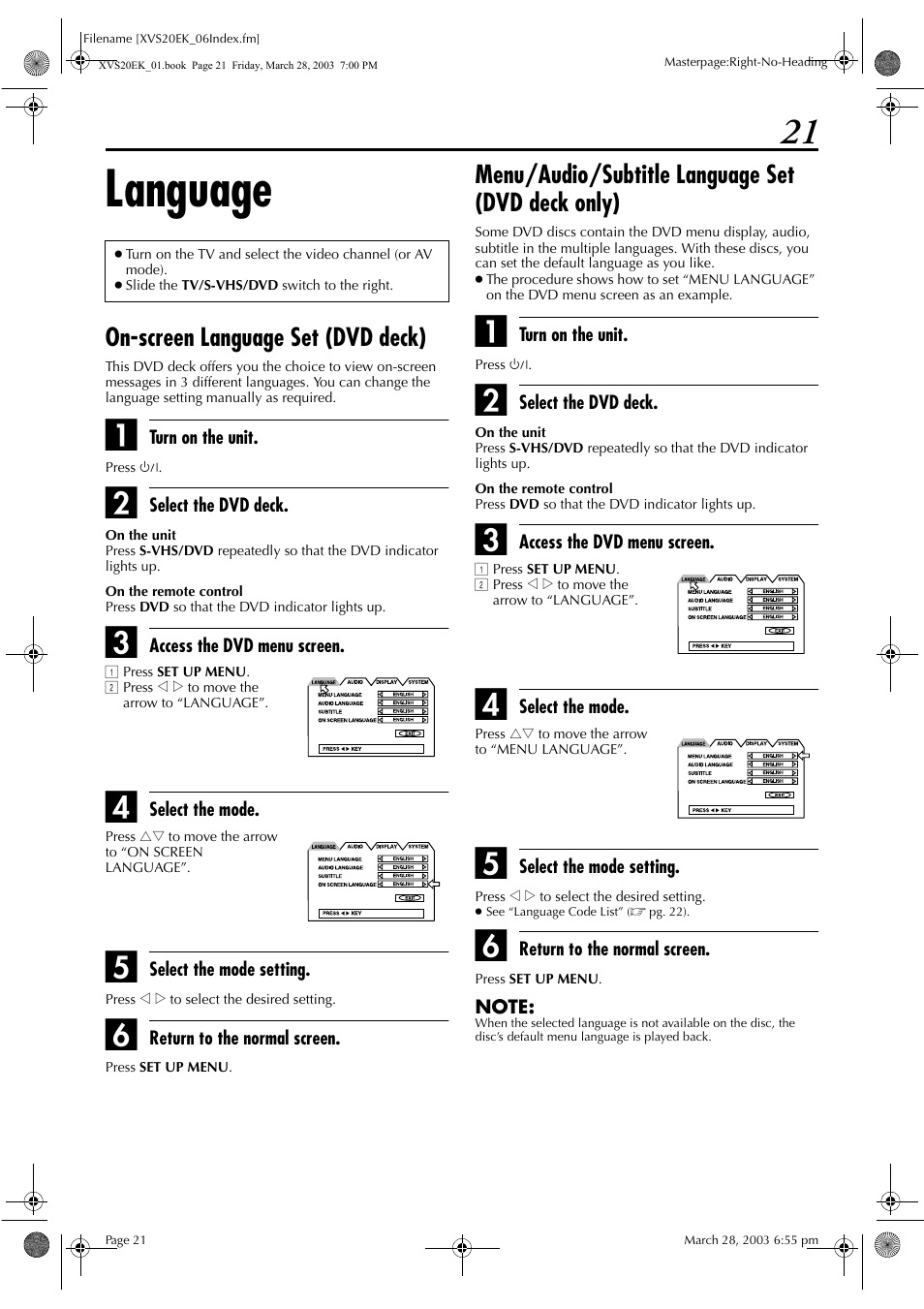 Language, On-screen language set (dvd deck), Menu/audio/subtitle language set (dvd deck only) | Pg. 21) | JVC HR-XVS20EK User Manual | Page 21 / 100