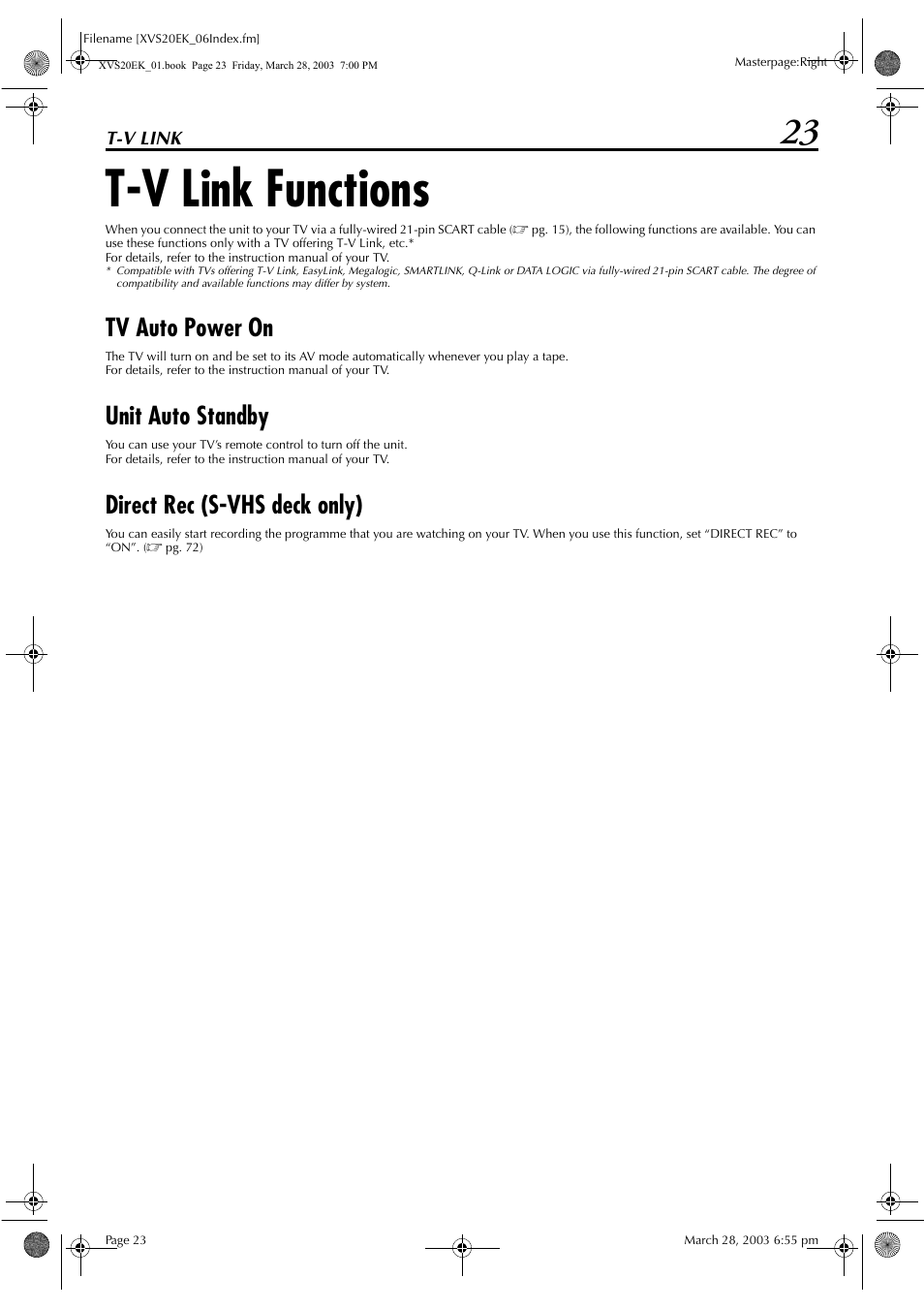 T-v link, T-v link functions, Tv auto power on | Unit auto standby, Direct rec (s-vhs deck only) | JVC HR-XVS20EK User Manual | Page 23 / 100
