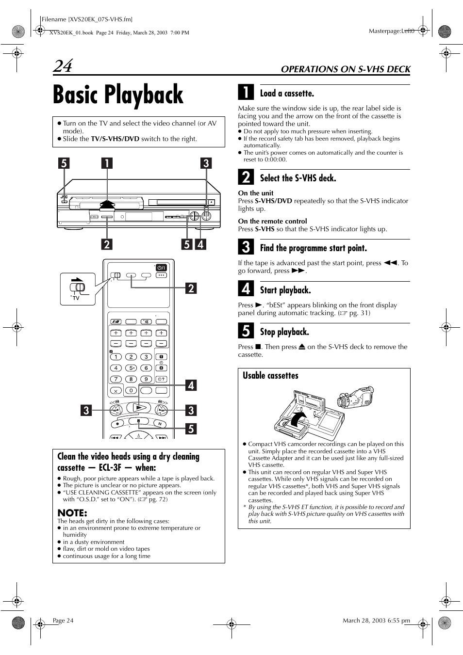 Operations on s-vhs deck, Basic playback, Pg. 24, 28 | Pg. 24, 2, Pg. 24, Pg. 24, 38 | JVC HR-XVS20EK User Manual | Page 24 / 100