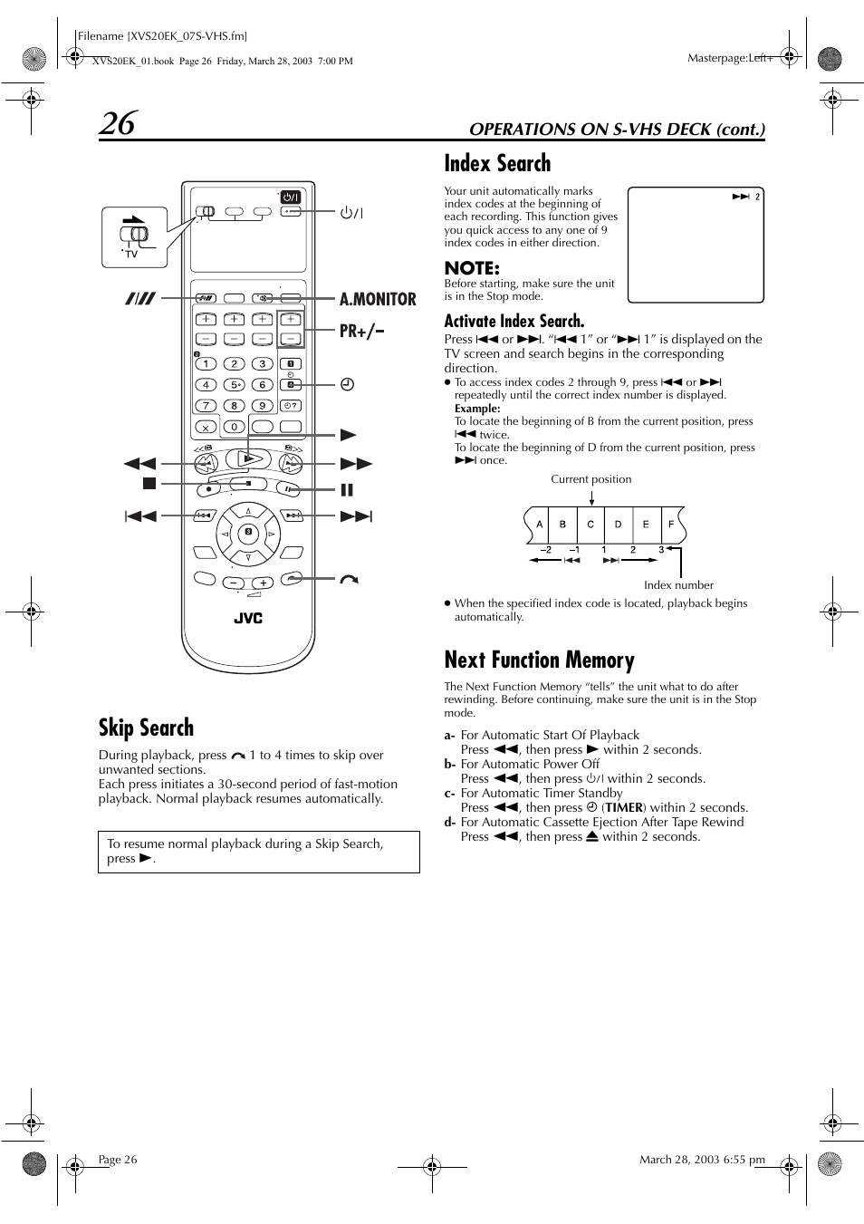 Skip search, Index search, Next function memory | Pg. 26) t, Pg. 26, Pg. 26, 38, Operations on s-vhs deck (cont.), Activate index search | JVC HR-XVS20EK User Manual | Page 26 / 100