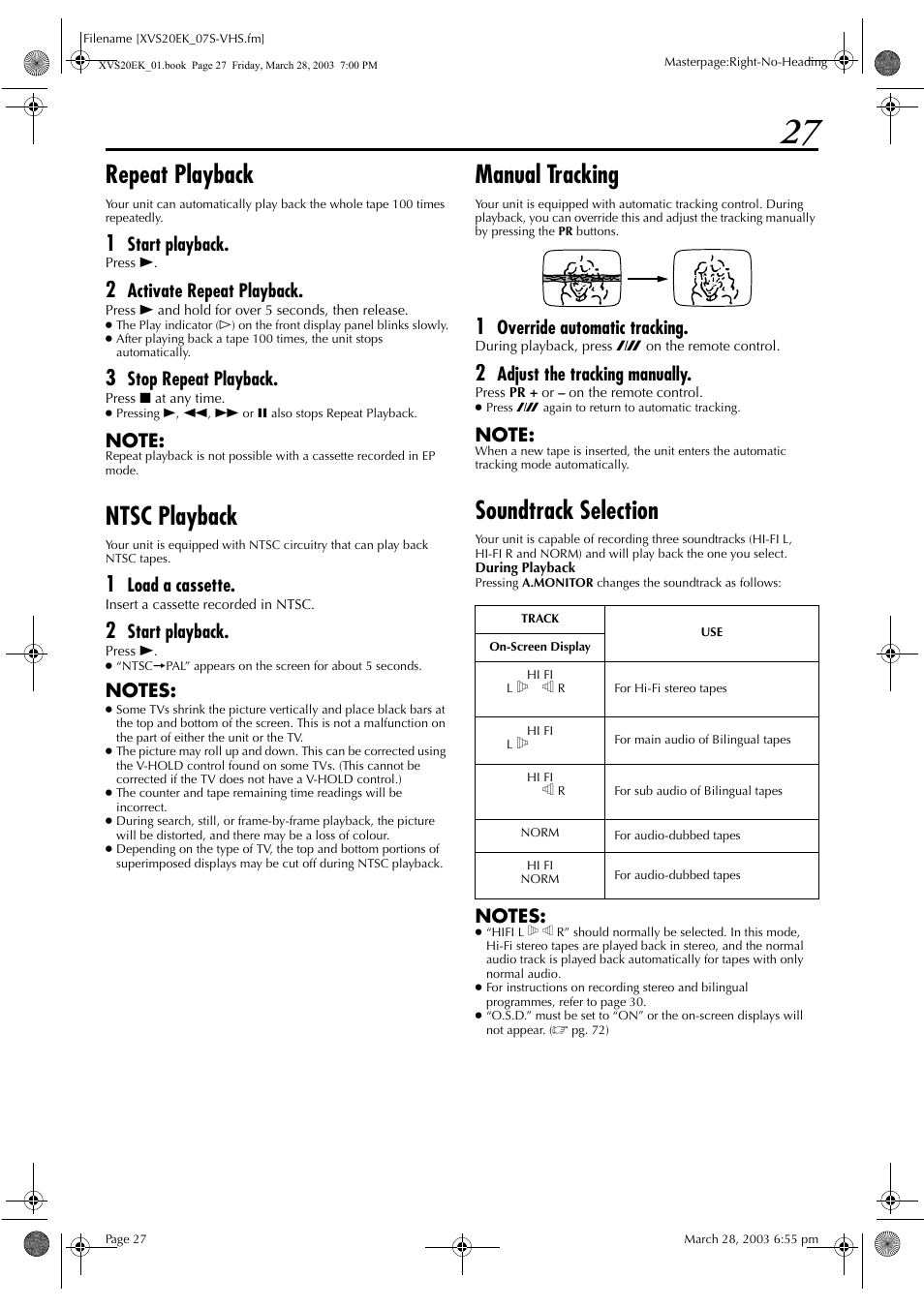 Repeat playback, Ntsc playback, Manual tracking | Soundtrack selection, Pg. 27, Start playback, Activate repeat playback, Stop repeat playback, Load a cassette, Override automatic tracking | JVC HR-XVS20EK User Manual | Page 27 / 100